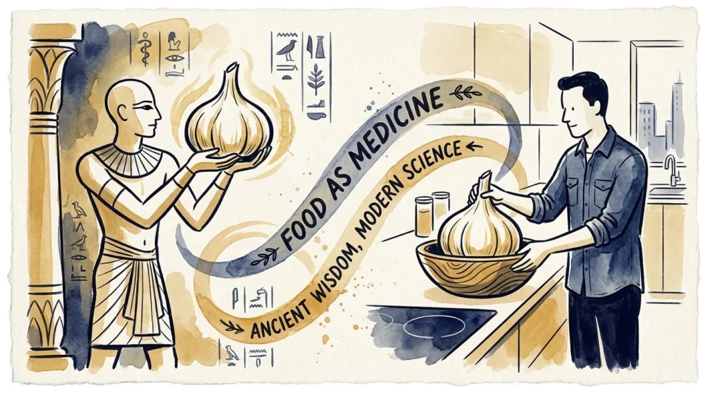 Split illustration of an ancient physician and a modern cook both holding garlic, representing food as medicine across history.