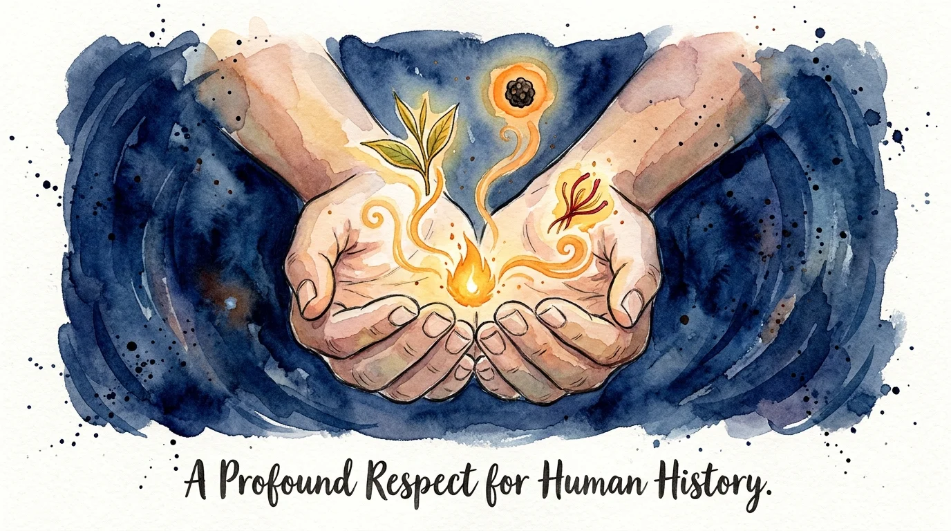 Symbolic watercolor of hands holding glowing icons of tea leaves and spices, representing food appreciation.