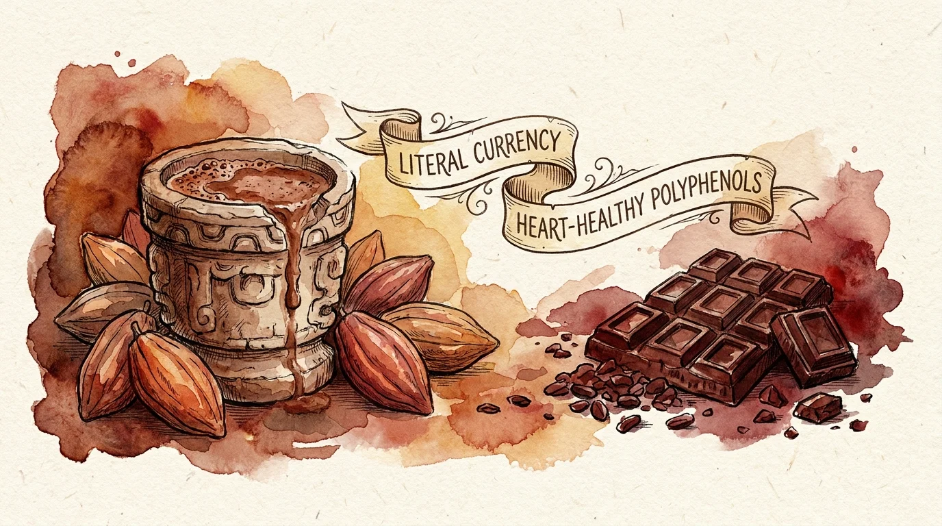 Watercolor art showing ancient cacao pods and a stone vessel transitioning into modern dark chocolate and cacao nibs.