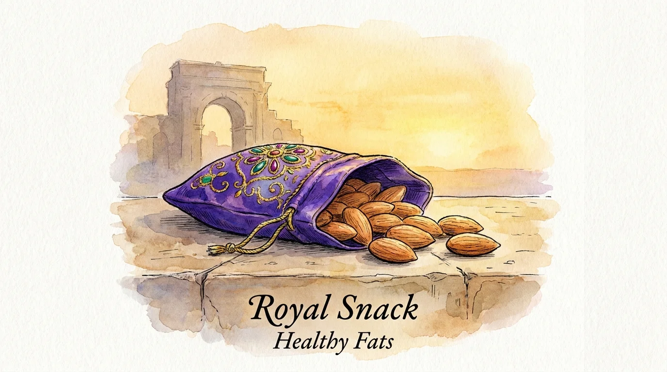 Watercolor illustration of almonds spilling from a royal silk pouch against a faint ancient archway background.
